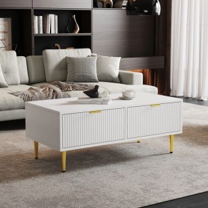 Merax Couchtisch Weiß mit 2 Schubladen Goldene Akzente Rillenoptik Wohnzimmertisch