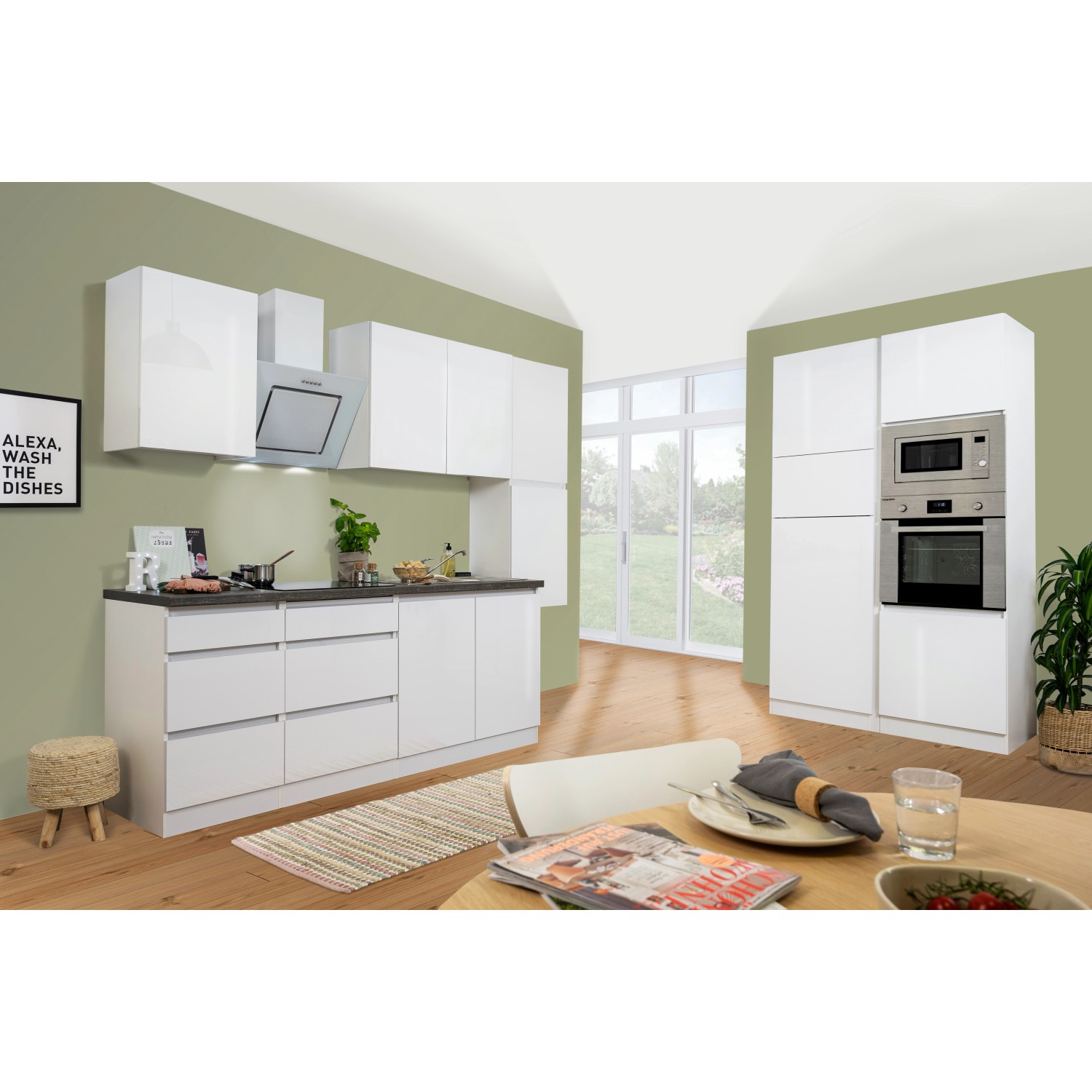 Respekta Premium Küchenzeile, 385 cm, Weiß Hochglanz, mit E-Geräten und grifflosen Fronten.