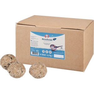 Elles Wildvogelfutter Meisenknödel ohne Netz, 50 Stück im Karton, mit drei Knödeln im Vordergrund.