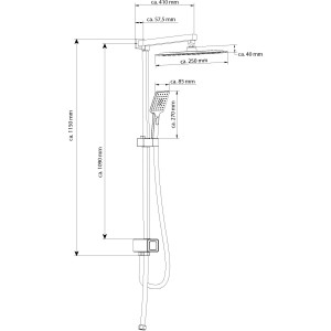 Technische Zeichnung: Schütte Überkopf-Brauseset Samoa Rain Chrom mit Maßangaben.
