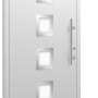 Weiße Aluminium Haustür Moderno M430/B mit Edelstahlgriff und quadratischen Glaseinsätzen.