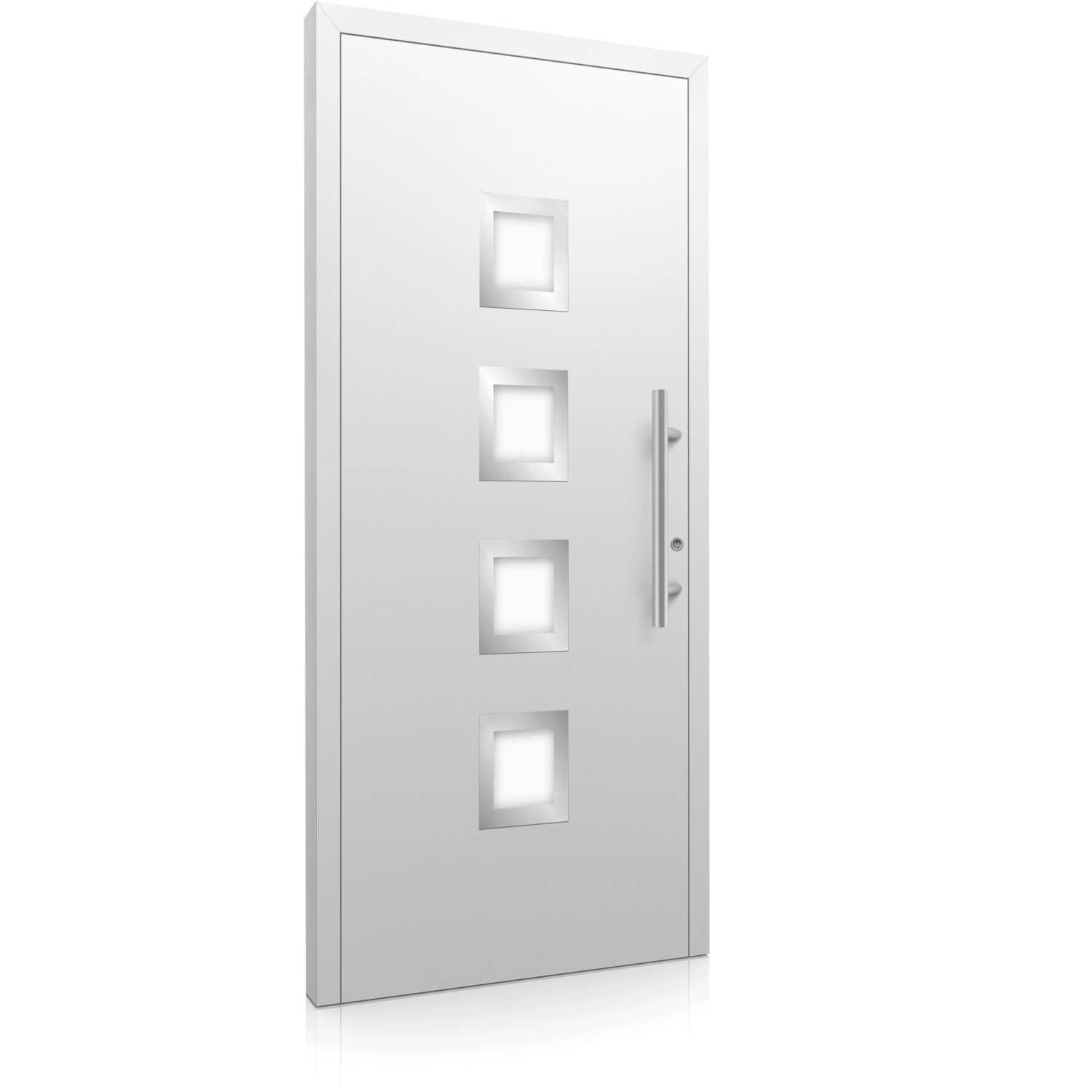 Weiße Aluminium Haustür Moderno M430/B mit Edelstahlgriff und quadratischen Glaseinsätzen.