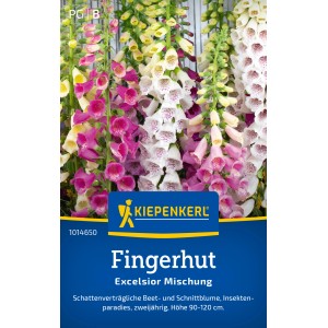 Kiepenkerl Fingerhut Excelsior-Hybriden, mehrfarbig. Blumensamen-Packung mit Blüten in Weiß, Rosa und Gelb.