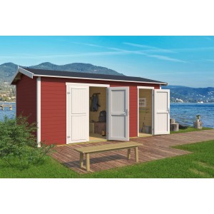 Lasita Holz-Gartenhaus Tuvalu XL in Schwedenrot mit geöffneten Türen und Bank davor.