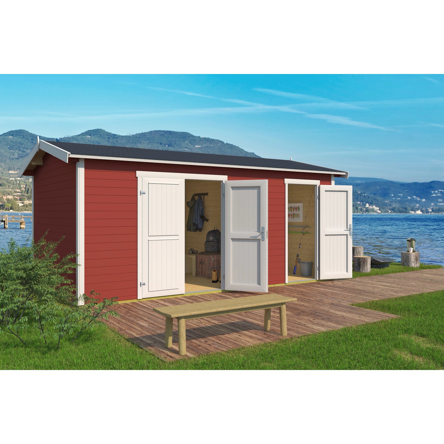 Lasita Holz-Gartenhaus Tuvalu XL in Schwedenrot mit geöffneten Türen und Bank davor.