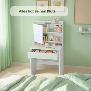 Weißer Songmics Schminktisch "Kailyn" mit Spiegel und Schublade, gefüllt mit Kosmetikartikeln.