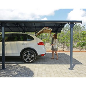 Canopia Carport Arcadia 5000 in Anthrazit mit Auto und Frau beim Ausladen. PKW Unterstand mit Dach.
