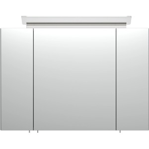 Posseik Spiegelschrank, anthrazit, 90 cm breit, mit drei Spiegeltüren und Aufsatzleuchte.