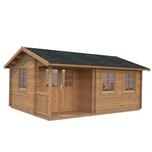 Hellbraunes Palmako Susanna Holz-Gartenhaus mit Satteldach und überdachter Veranda.