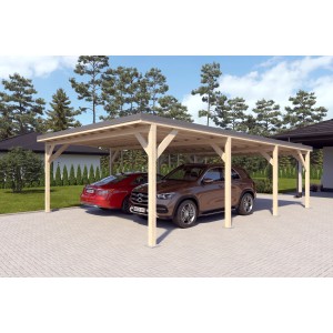 Holzbrüder Doppelcarport Ralf, imprägniert, mit dunkelgrauem Blechdach und zwei parkenden Autos.