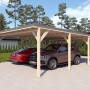 Holzbrüder Doppelcarport Ralf, imprägniert, mit dunkelgrauem Blechdach und zwei parkenden Autos.
