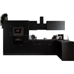 Schwarze Respekta Winkelküche Oliver, 370 cm, mit Elektrogeräten und Spüle.