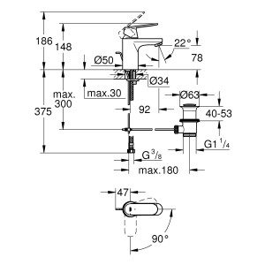 Technische Zeichnung: Grohe Eurosmart Cosmopolitan Waschtischarmatur S-Size mit Maßen.