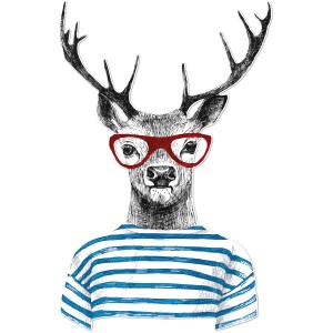 Pro Art Bild Cut-Out: Hirsch mit roter Brille und blau-weiß gestreiftem Shirt, 50x50 cm.