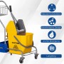 Gelber HOMCOM Reinigungswagen aus Kunststoff/Metall mit 25L Eimer, Presse, Korb und Rollen für Bodenreinigung.