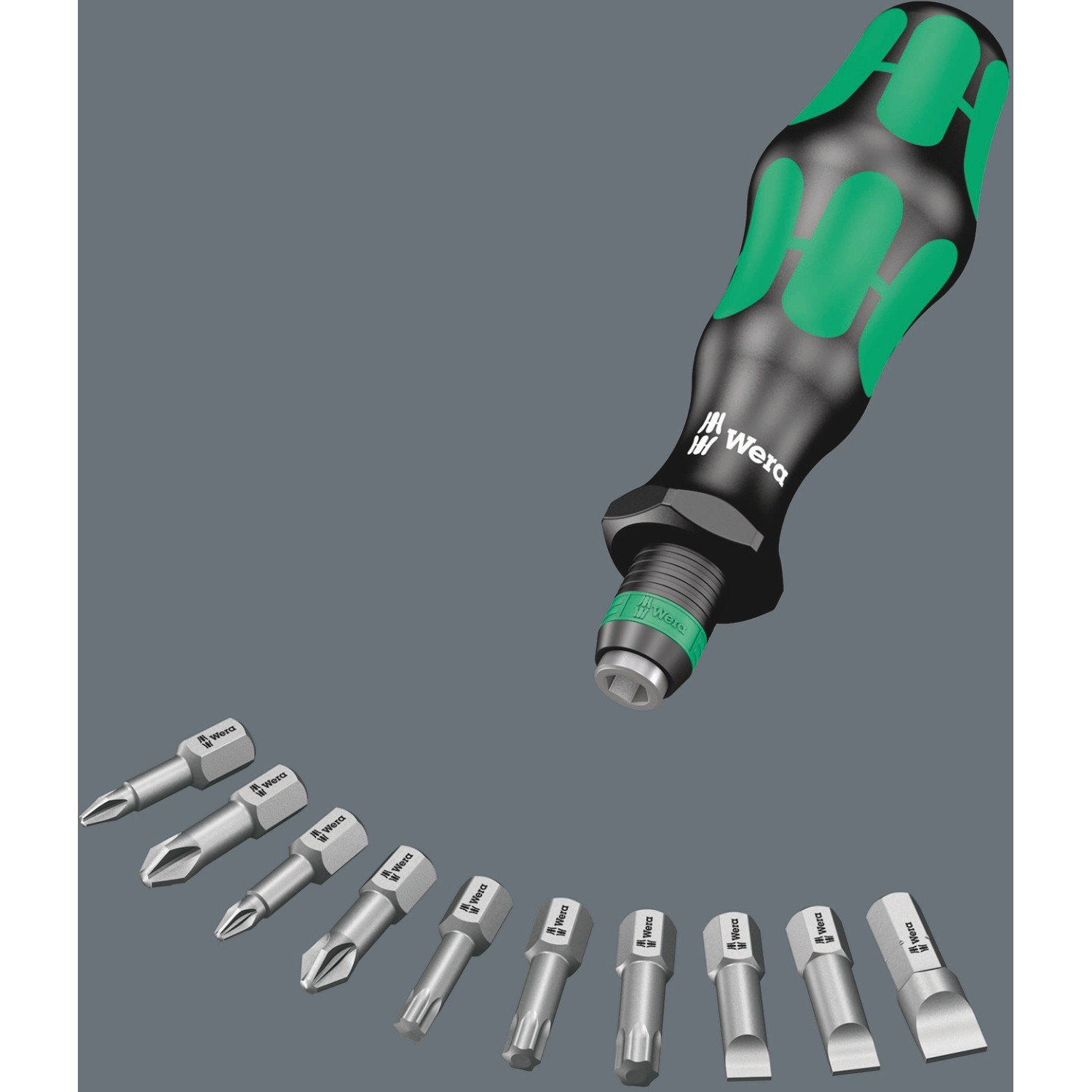 Wera Bit-Set Kraftform Kompakt 12, 10-teilig mit Schraubendreher und verschiedenen Bits.