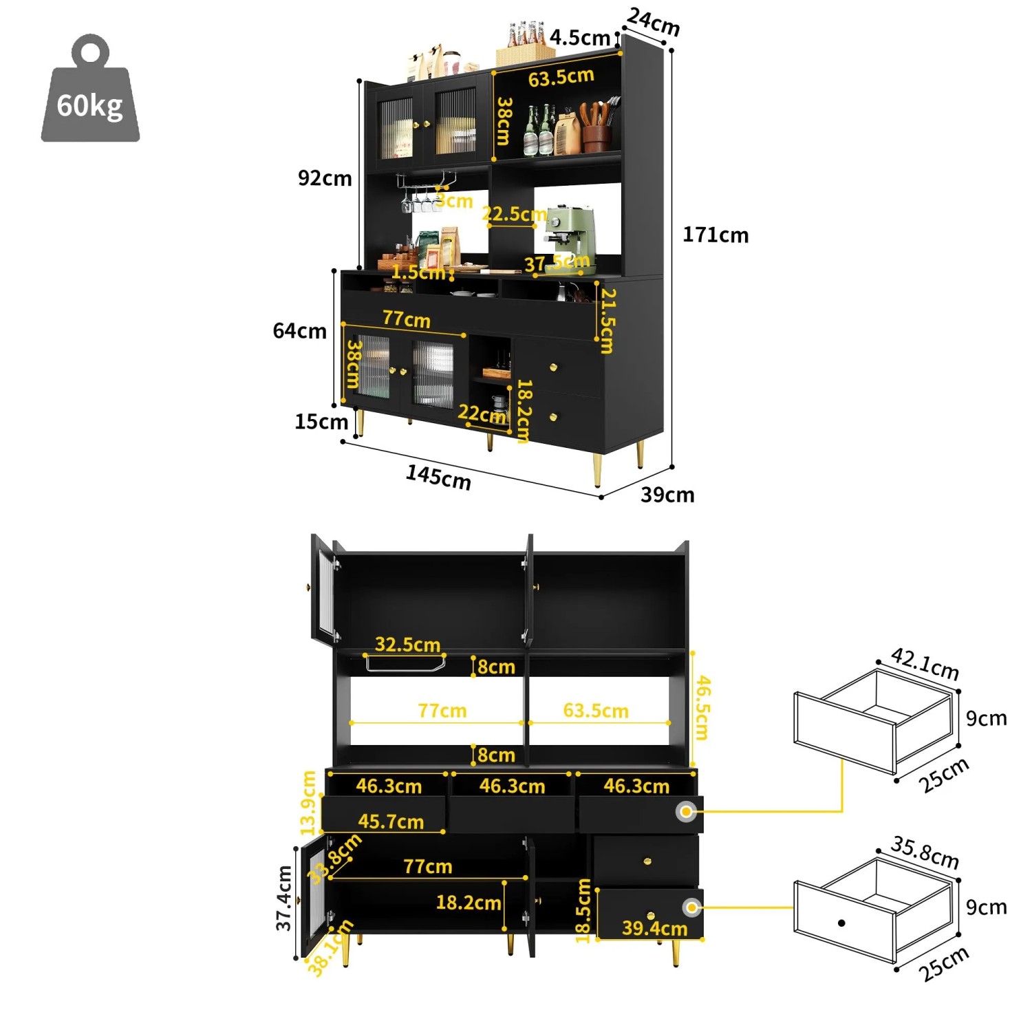 okwish Hochschrank mit Glastür Weinglasregal Restaurant 145x39x171cm Schwarz_5
