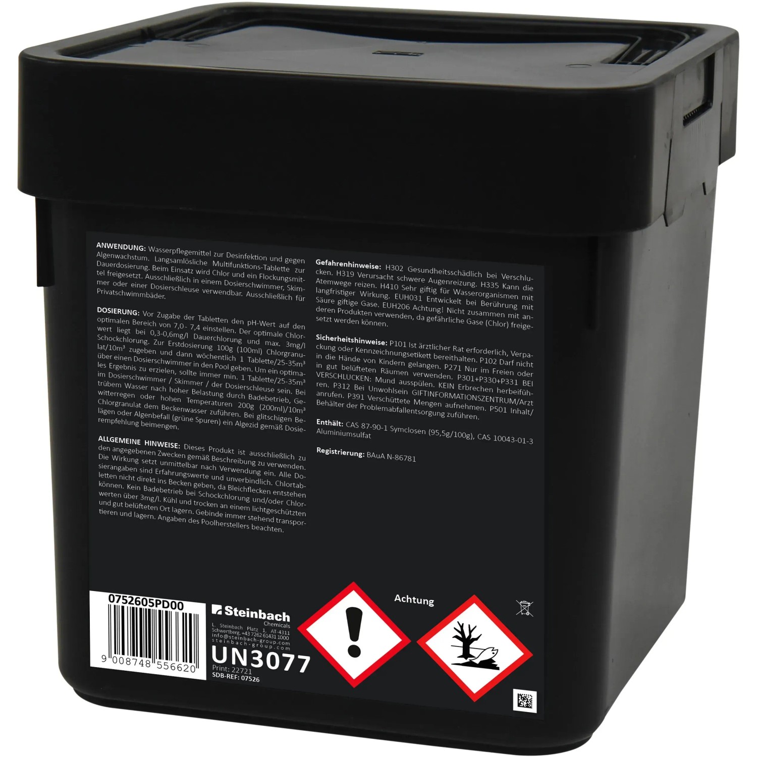 5 kg Pool Professional Quattrotabs organisch zur Pool Desinfektion im schwarzen Behälter.