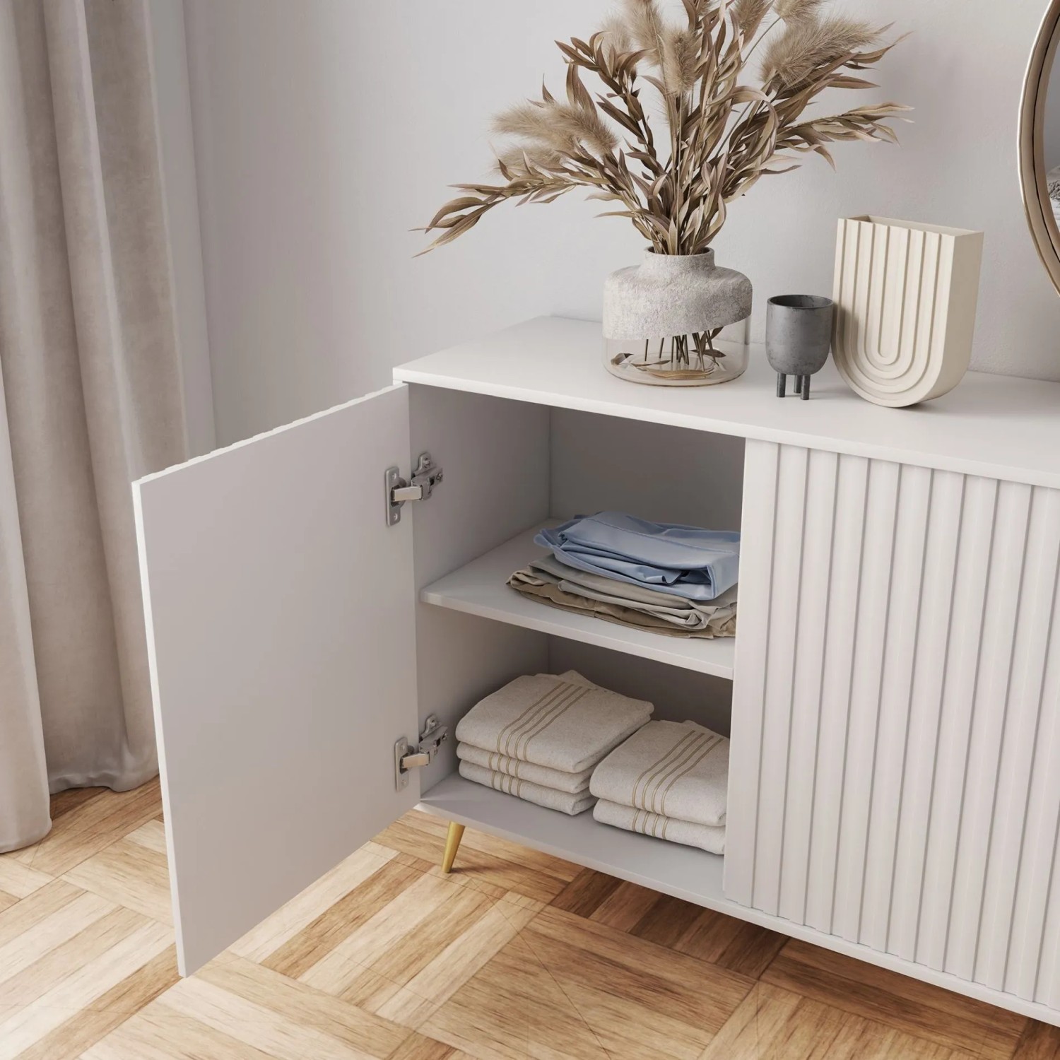 Selsey Sideboard Bello mit Lamellenfronten 154 cm Weiß mit Goldenen Beinen_8