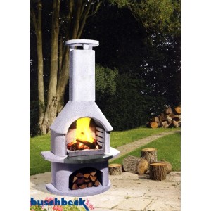 Buschbeck Gartengrillkamin Kreta II Weiß mit Feuerstelle und Holzfach.