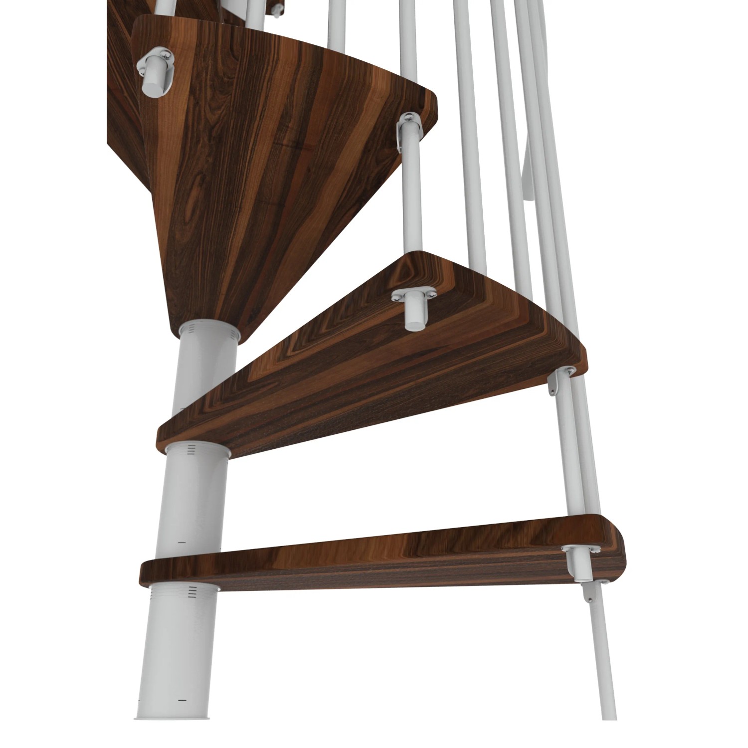 Detailaufnahme: Minka Spindeltreppe Spiral Smart, Walnuss-Holzstufen, weiße Metallteile.