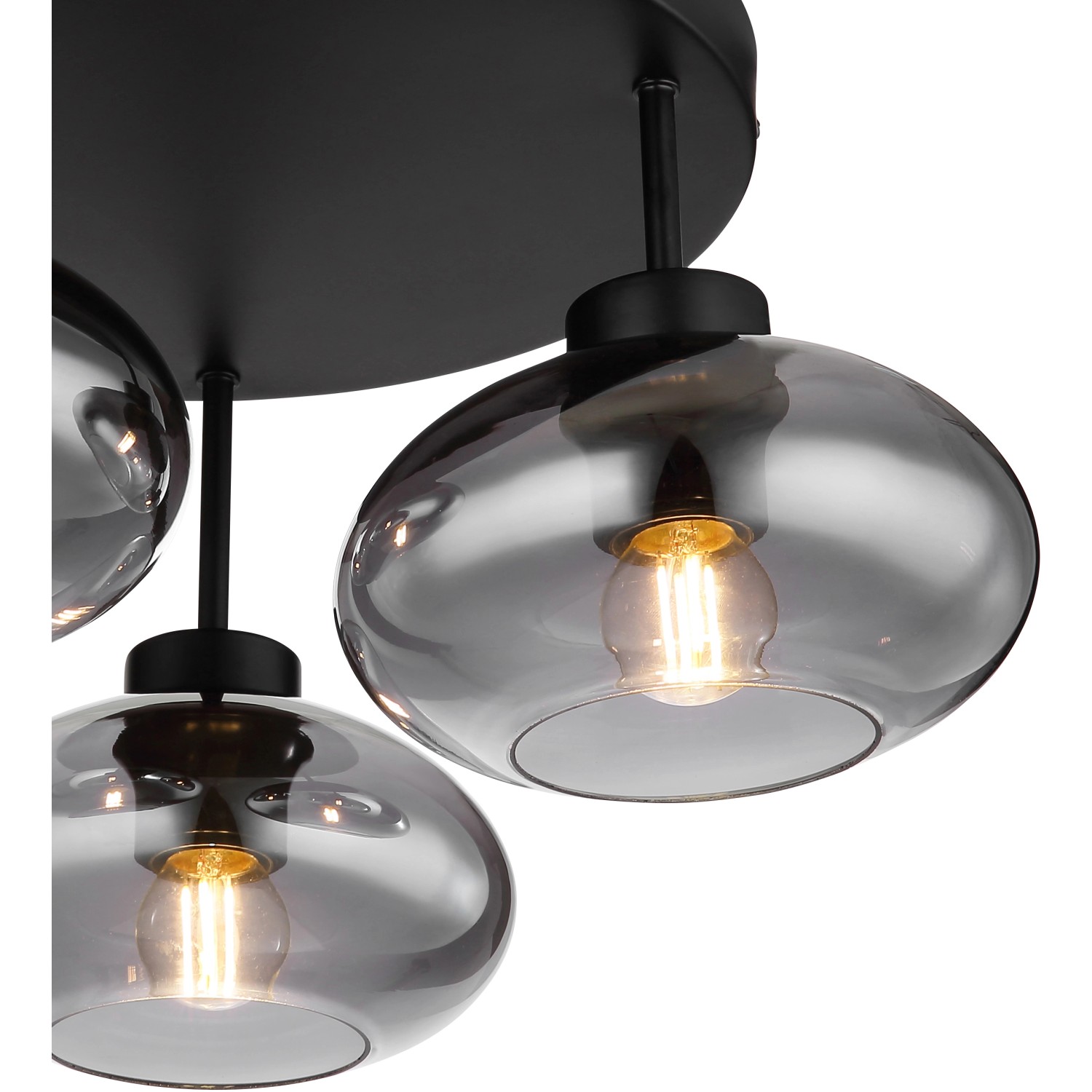 Globo Deckenleuchte Shaun, 3-flammig, schwarz matt mit Rauchglas-Schirmen.