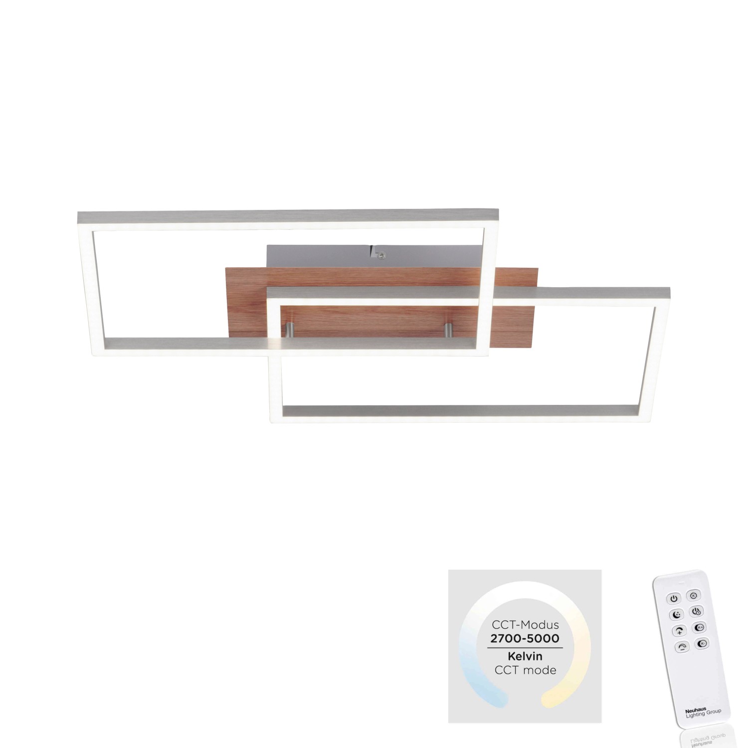 Moderne LED-Deckenleuchte Iven mit Holzdekor und Fernbedienung zur Lichtsteuerung.