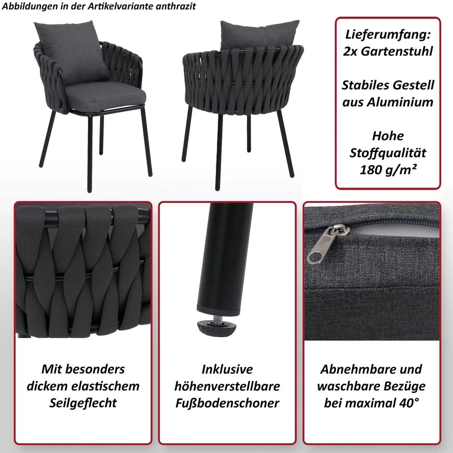 2er-Set Gartenstühle P89 mit Seilgeflecht in Bordeaux und Aluminiumgestell.