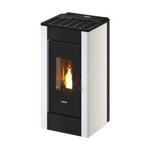 Freepoint Pelletofen Sharp, Stahl weiß, 7 kW. Moderner Ofen mit Sichtfenster und Flammen.