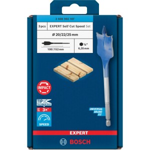 Bosch Flachfräsbohrer Set, 3-teilig, Expert Self Cut Speed, blau-silber, Größen 20, 22, 25 mm.