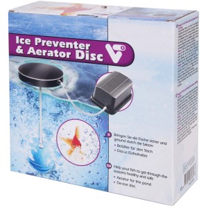 Verpackung des VT Discus Eisfreihalters mit Luftpumpe für Teichpflege.