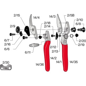 Explosionszeichnung Felco 14 Gartenschere: Einzelteile und Montage der Baumschere im Detail.