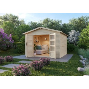 Karibu Holz-Gartenhaus Tessin 2 Natur, 300x300 cm, mit geöffneter Doppeltür und inkl. Boden.