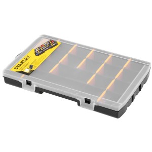 STANLEY Organizer mit 22 Fächern aus schwarzem Polypropylen, transparentem Deckel, orange Trennwände.