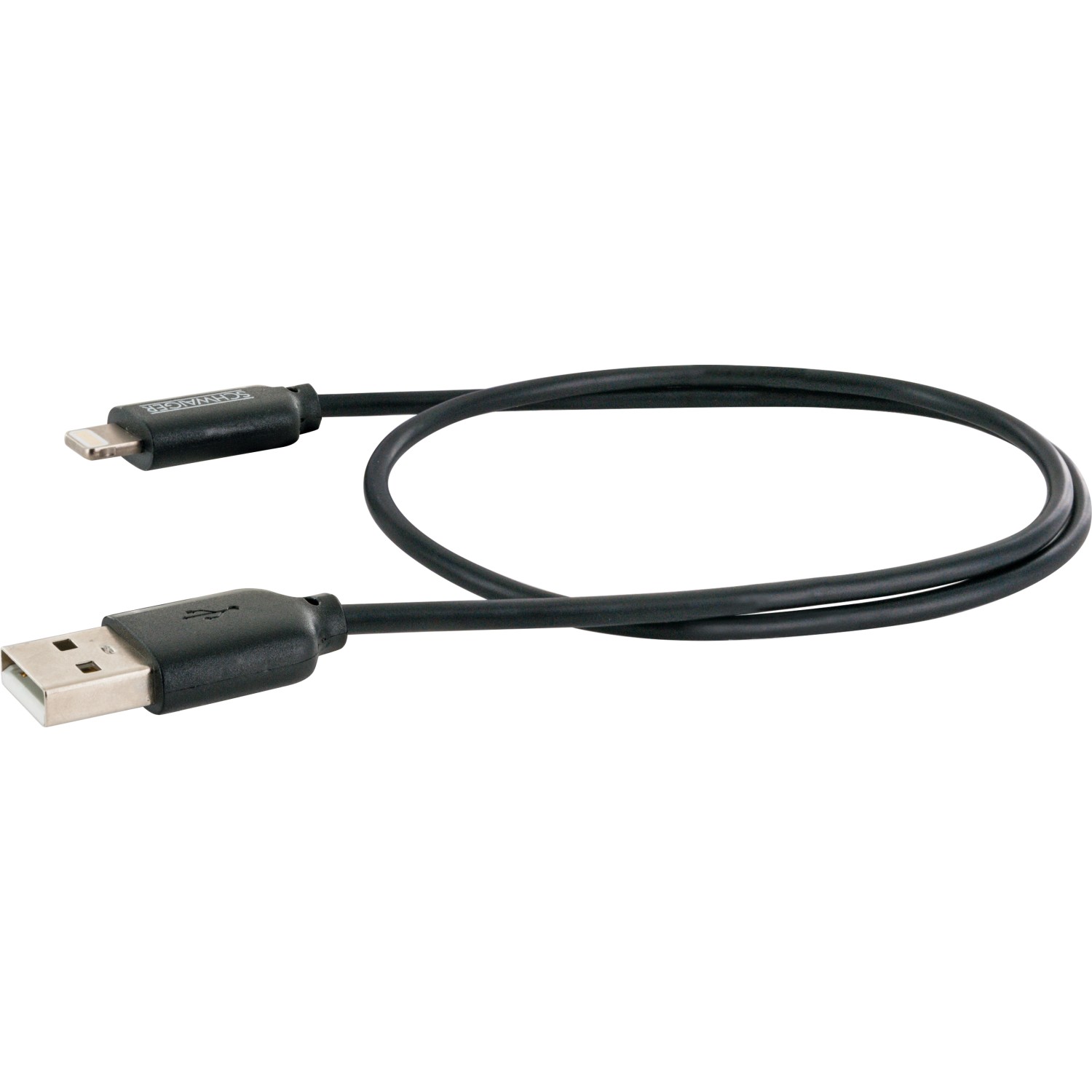Schwarzes Schwaiger Lightning Sync und Ladekabel USB 2.0 A auf Lightning für Apple Geräte.