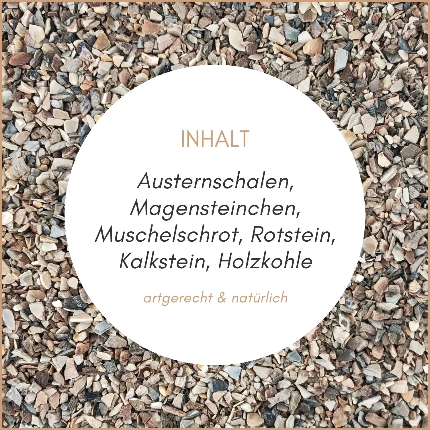Supravit Vogelgrit: Nahaufnahme von Mineralgrit mit Liste der Inhaltsstoffe wie Austernschalen, Magensteinchen, Muschelschrot.