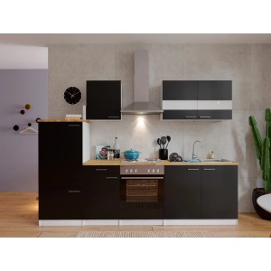 Respekta Küchenzeile KB270WS, 270 cm, schwarz-weiß mit Nussbaum Arbeitsplatte.