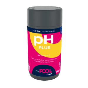 myPOOL pH-Plus Granulat 1 kg für Poolwasser. Dunkelgrauer Behälter mit pink-gelbem Etikett "pH PLUS", hebt pH-Wert.