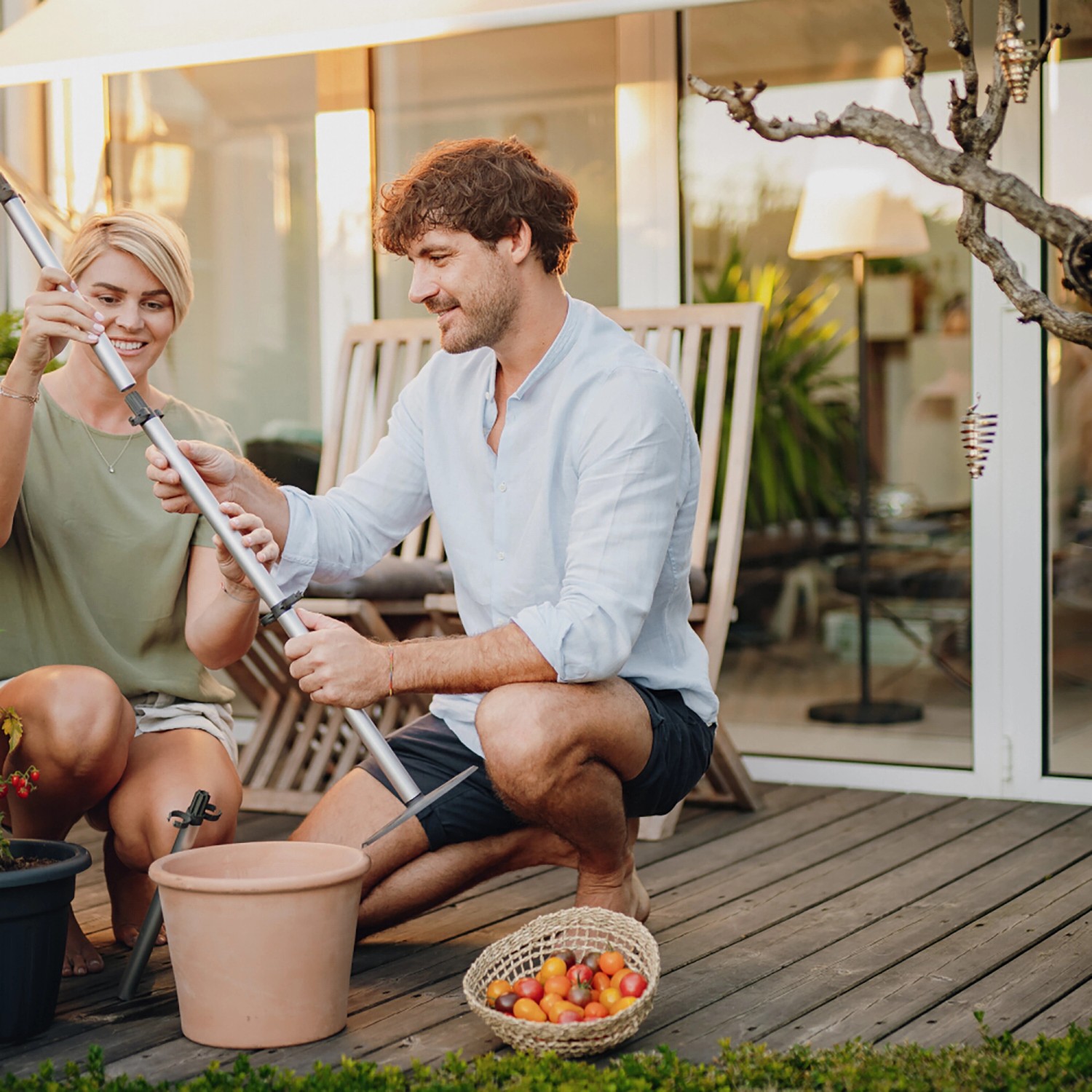 Gusta Garden Tomatenrankhilfe Tomato Buddy, silber, mit Paar beim Aufbau im Garten.