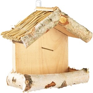 Futterstation Strohdach aus Birkenholz, Vogelfutterspender mit Halterung zum Aufhängen.
