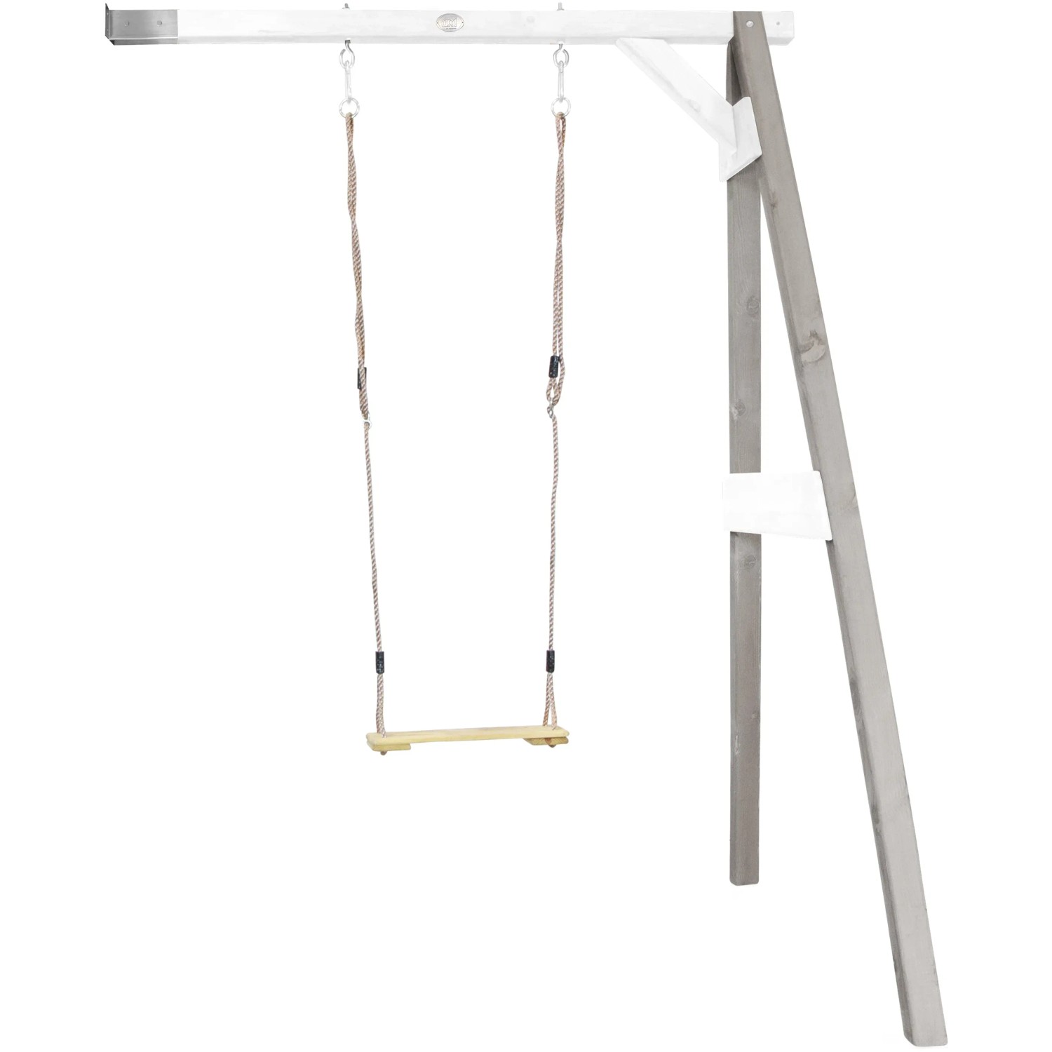 Axi Anbauschaukel in Grau und Weiß mit Holzschaukelsitz und Seilen.