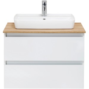 Pelipal Waschbeckenunterschrank Quickset 360, weiß glänzend, 75 cm breit, mit Waschbecken und zwei Schubladen.