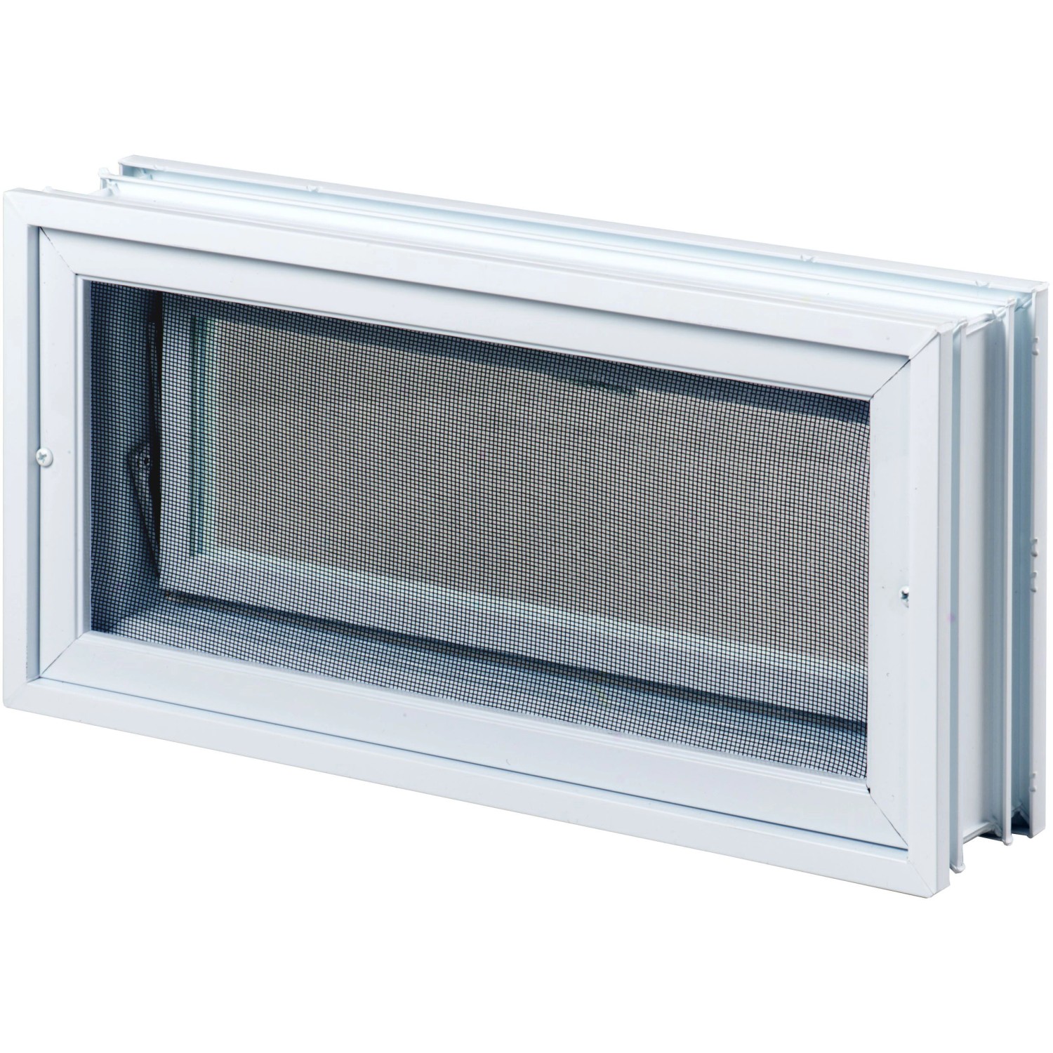 Weißes Lüftungsfenster für 2 Glasbausteine (24er) mit Fliegengitter.