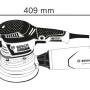 Bosch Professional Exzenterschleifer GEX 40-150 mit Schleifteller und Staubabsaugung. Maße: 409x197 mm.