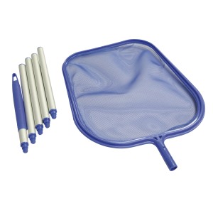 Blauer Poolkescher mit teilbarer 1,5 m Aluminiumstange zur Reinigung von Pools.