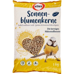 Packung Elles Sonnenblumenkerne, geschält, 1 kg. Wildvogelfutter mit Meise.