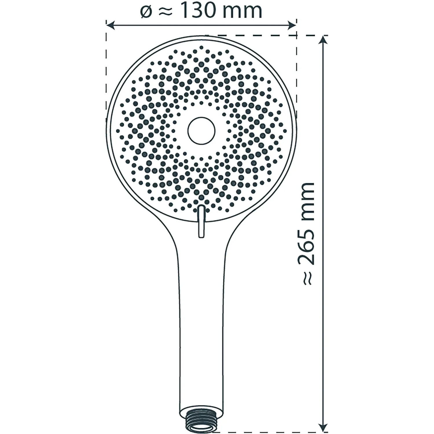 Technische Zeichnung: Schütte Handbrause Capri, weiß matt/anthrazit, Maße 130x265mm.