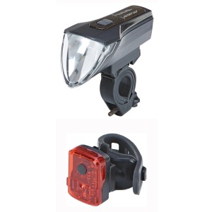 Prophete LED Akkubeleuchtungs-Set: 70 Lux Frontlicht und Rücklicht für Fahrräder.