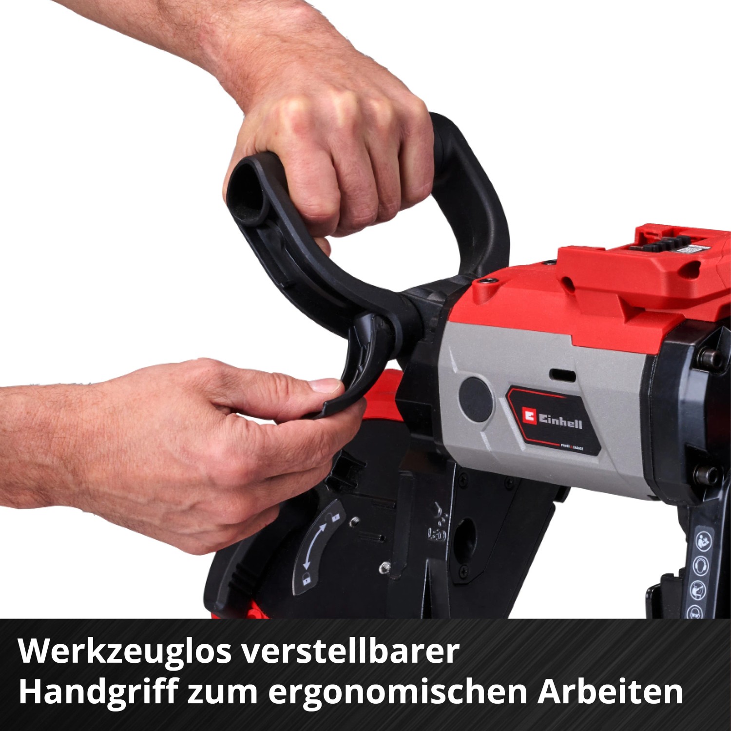 Einhell Akku-Bandsäge: Handgriff verstellen für ergonomisches Arbeiten mit der Bandsäge.