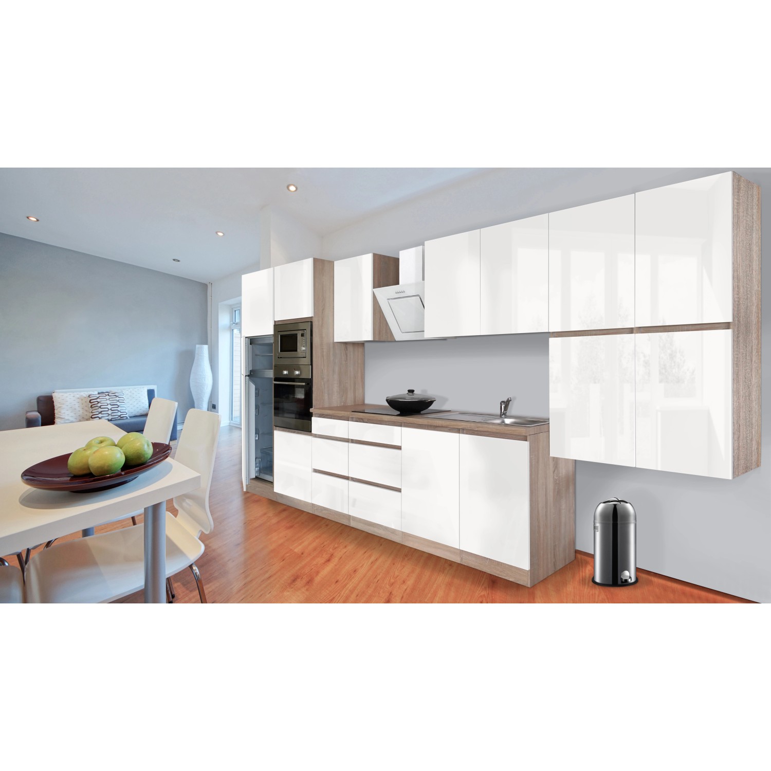 Respekta Premium Küchenzeile 435 cm in Weiß Hochglanz und Eiche Sägerau mit E-Geräten.